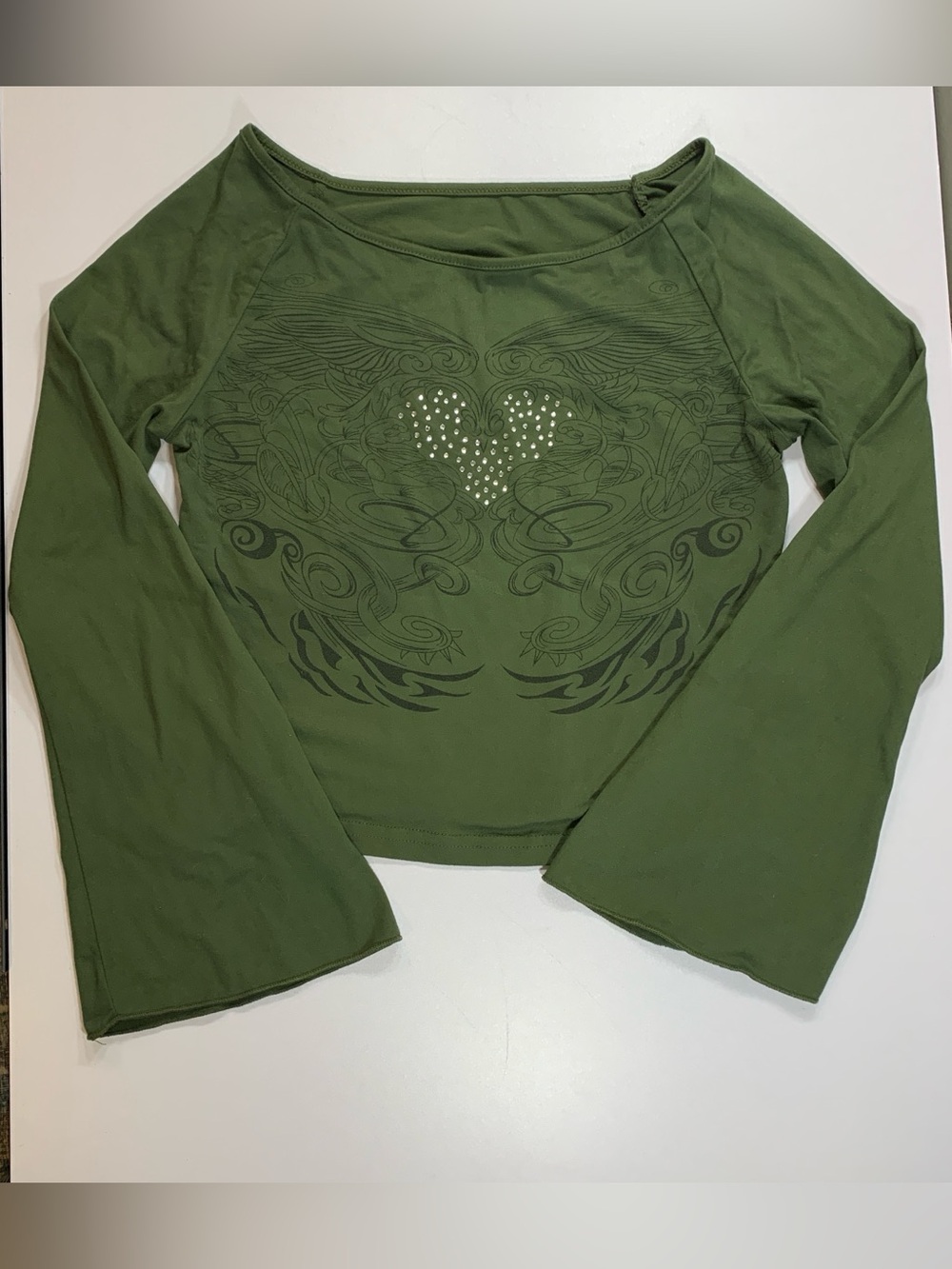 Romwe Rhinestone Crop Top M Green Heart Angel Wings Flare Sleeve Boho Grunge Y2K